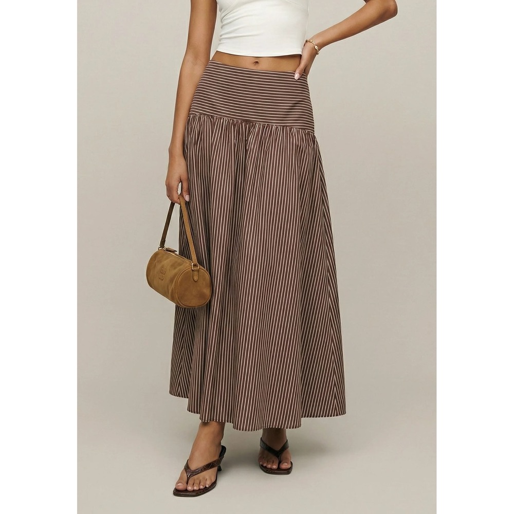 NWT CAARA Vashti Drop Waist Cotton Maxi Skirt in Brown Stripe - Size 8